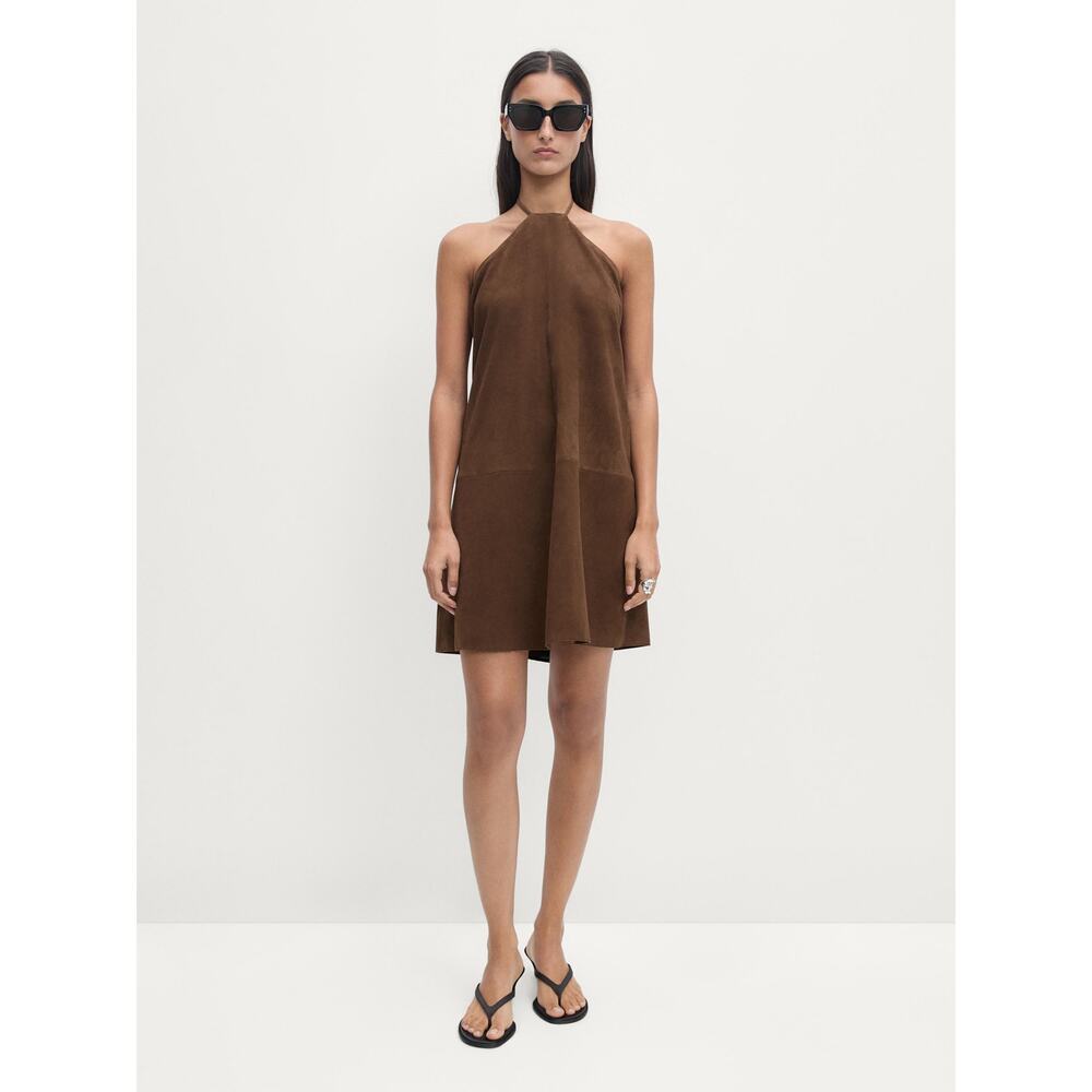Massimo Dutti Goat Leather Suede Finish Halter Mini Dress Brandy NEW Size Medium